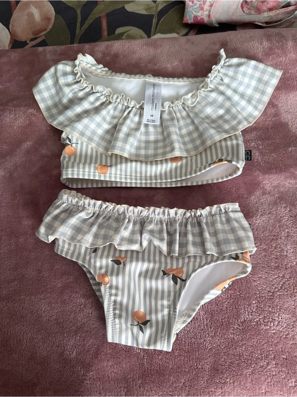 Gerber Light Blue and White Gingham Ruffle Two-Piece Swim Set with Peach Print